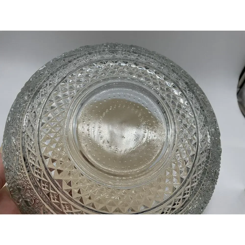 Clear Glass Serving Bowl Round Geometric Pressed Pattern Kitchen Decor‎ Tabletop